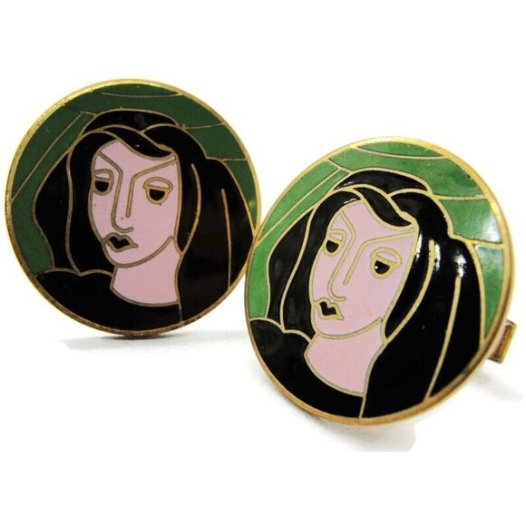 Vintage Cufflinks Enamel Woman Face Round Gold Tone Signed Pat Pend Black Hair - Picture 4 of 8